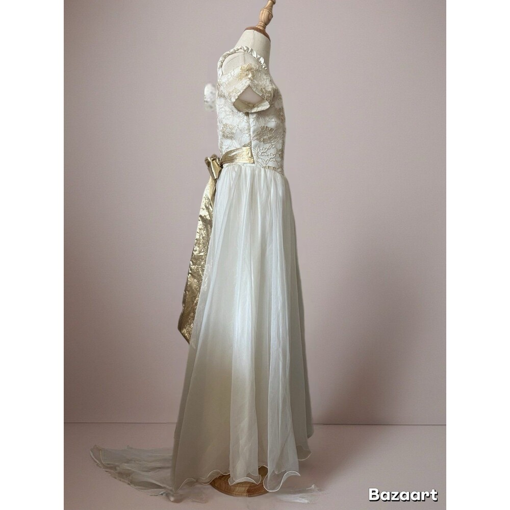 1950s Vintage Handmade Gold & Cream Girls Bridal Flower Girl Gown Dress sz 4-8 - Picture 2 of 6